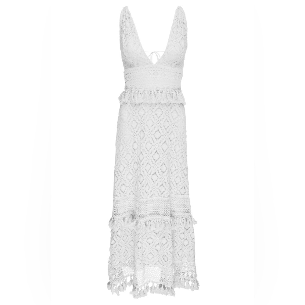 NIGHTCAP Free People *Lima* white crochet lace midi dress w tassels L - Picture 5 of 13